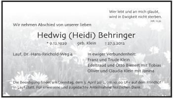 Traueranzeige von Hedwig Behringer von Pegnitz-Zeitung